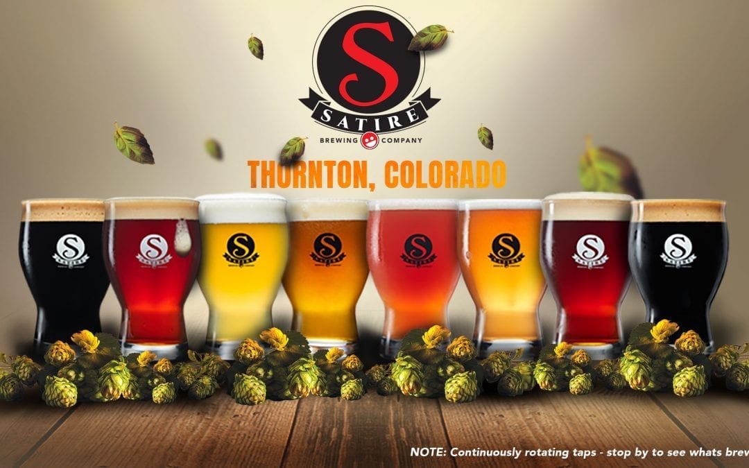 Satire Brewing Company Advertisng picture- Multiple beer glasses with logo and hops.