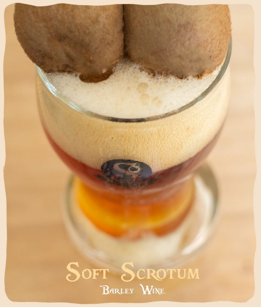 Satire Brewing Soft Scrotum beer in glass with two kiwi