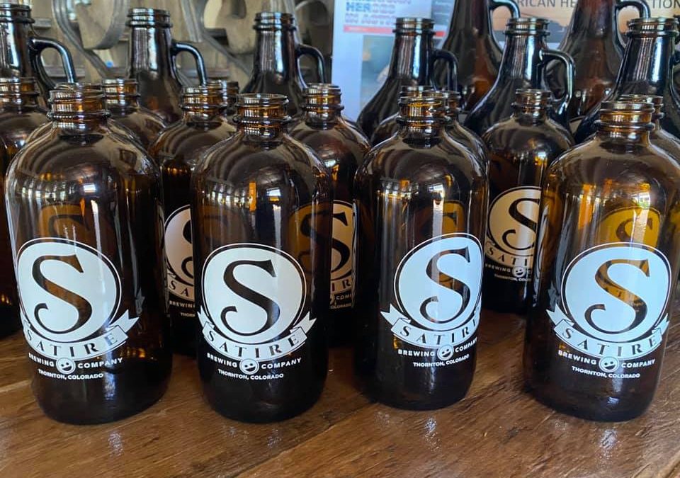 Many Satire brewing company growlers