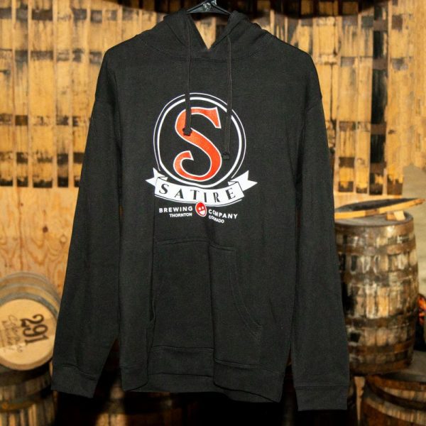 Satire Brewing Company branded merchandise black hoodie.
