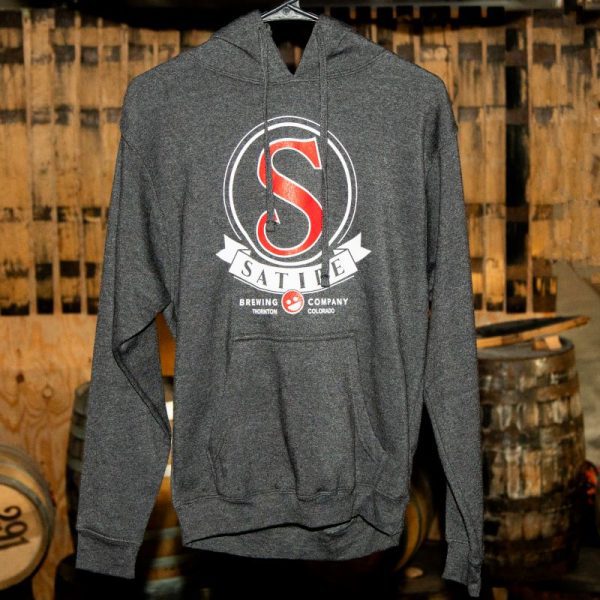 Satire Brewing Company branded merchandise grey hoodie.