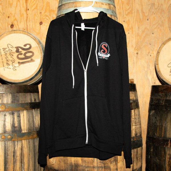 Satire Brewing Company branded zippered hoodies. White and black options.