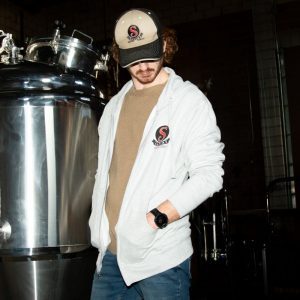Satire Brewing Company branded zippered hoodies. White and black options.
