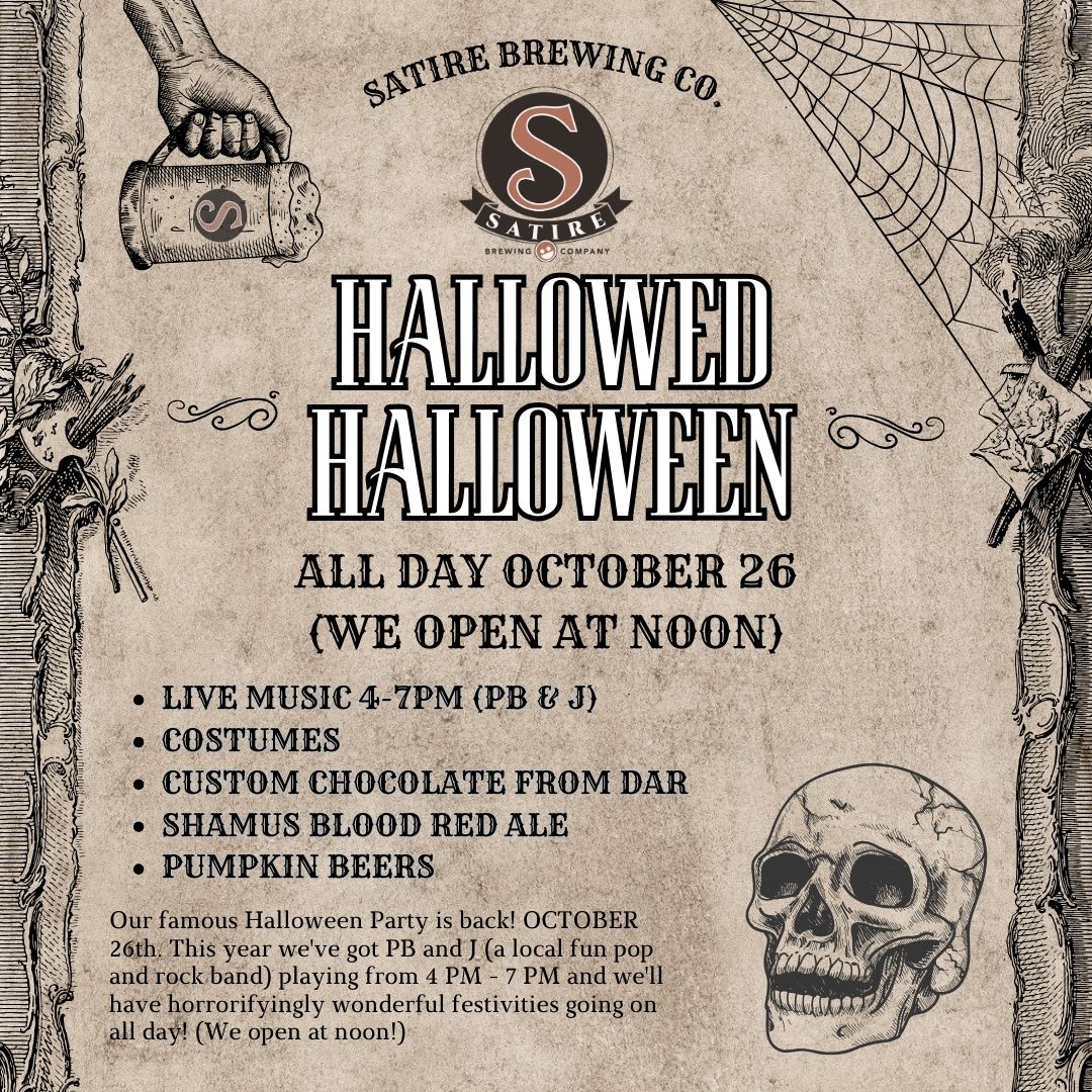 Satire Brewing Company Denver Colorado. Halloween party 10-26-24 Open and noon. Live music at 4 pm. 6 pumpkin beers.