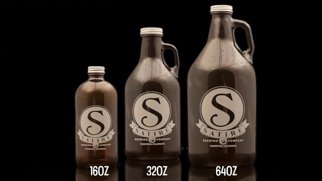 Satire Brewing Company Thornton Colorado beer growlers to go. Denver brewpub